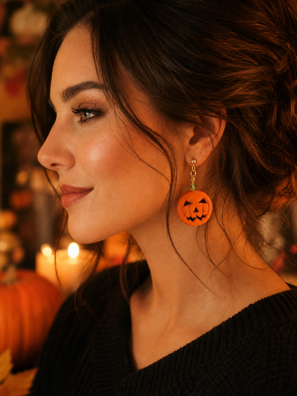 Jack-O-Lantern Pumpkin Stone Dangle Earrings – 24K Gold Plated