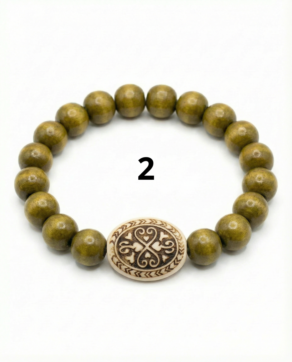 Wooden Bead Bracelet #2 - Wood Burnt Ornate Bead