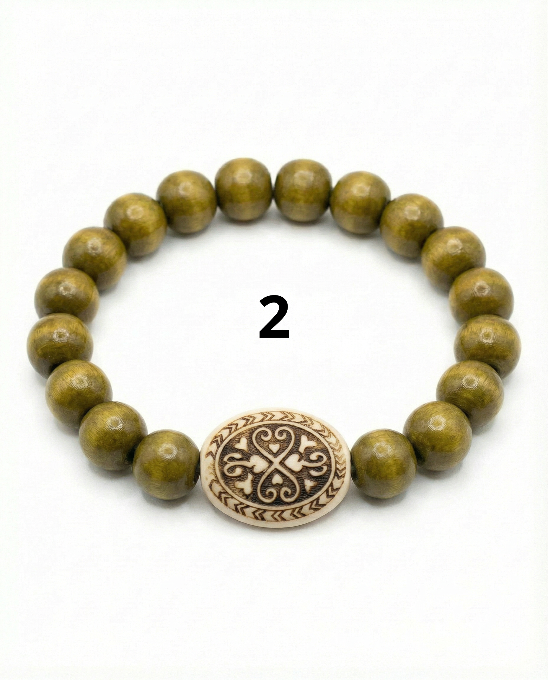 Wooden Bead Bracelet #2 - Wood Burnt Ornate Bead