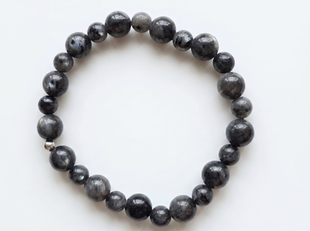 Larvikite (Black Labradorite) Bead Bracelet – Silver Accent – 7.5" Stretch