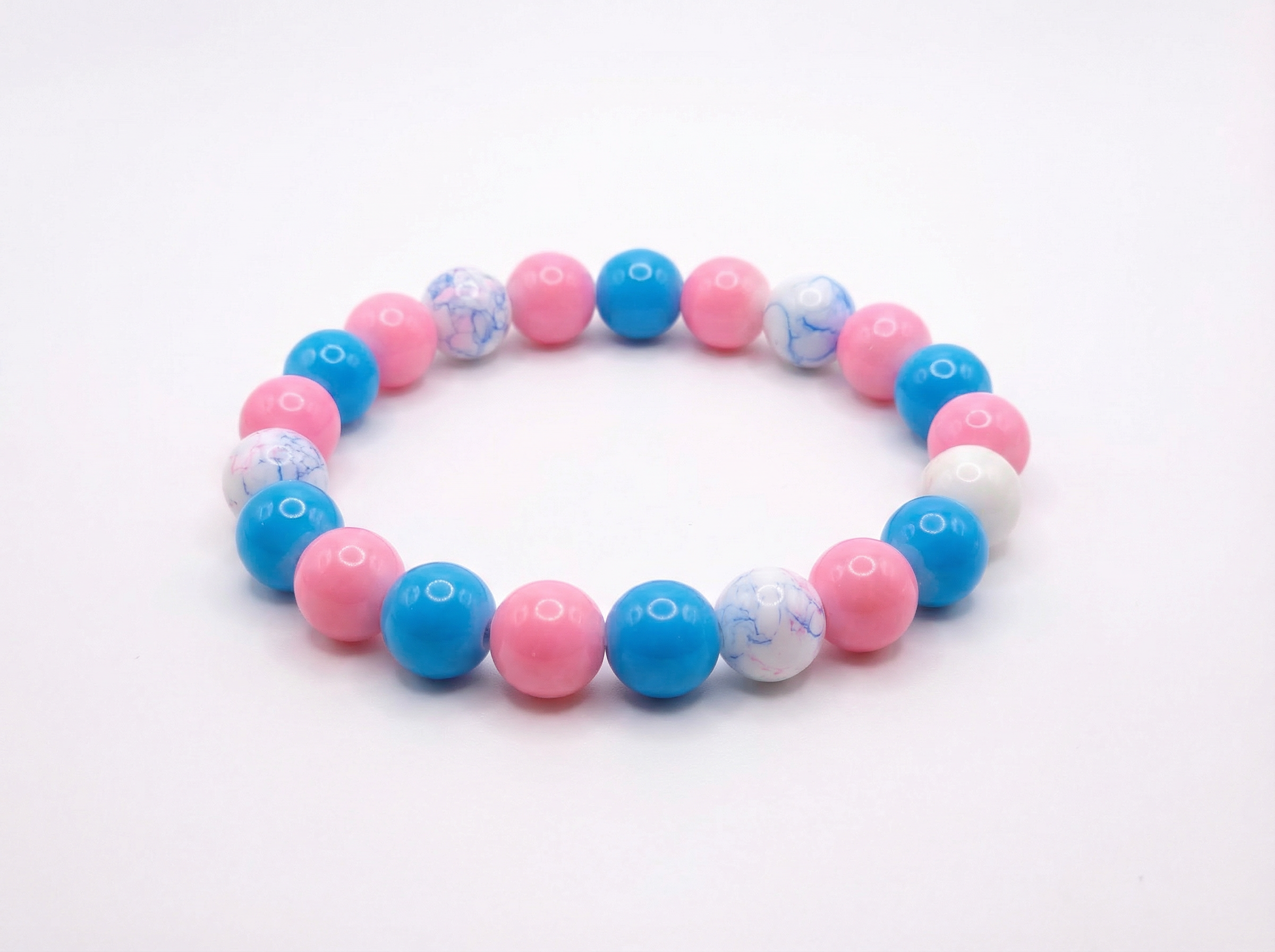 Cotton Candy Glass Bead Bracelet – Pink, Blue & White – 7" Stretch