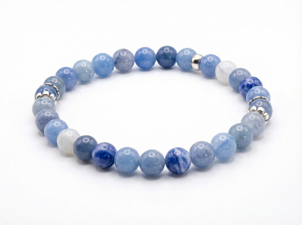 Blue Aventurine & Moonstone Bead Bracelet – Silver Accents – 7.5" Stretch