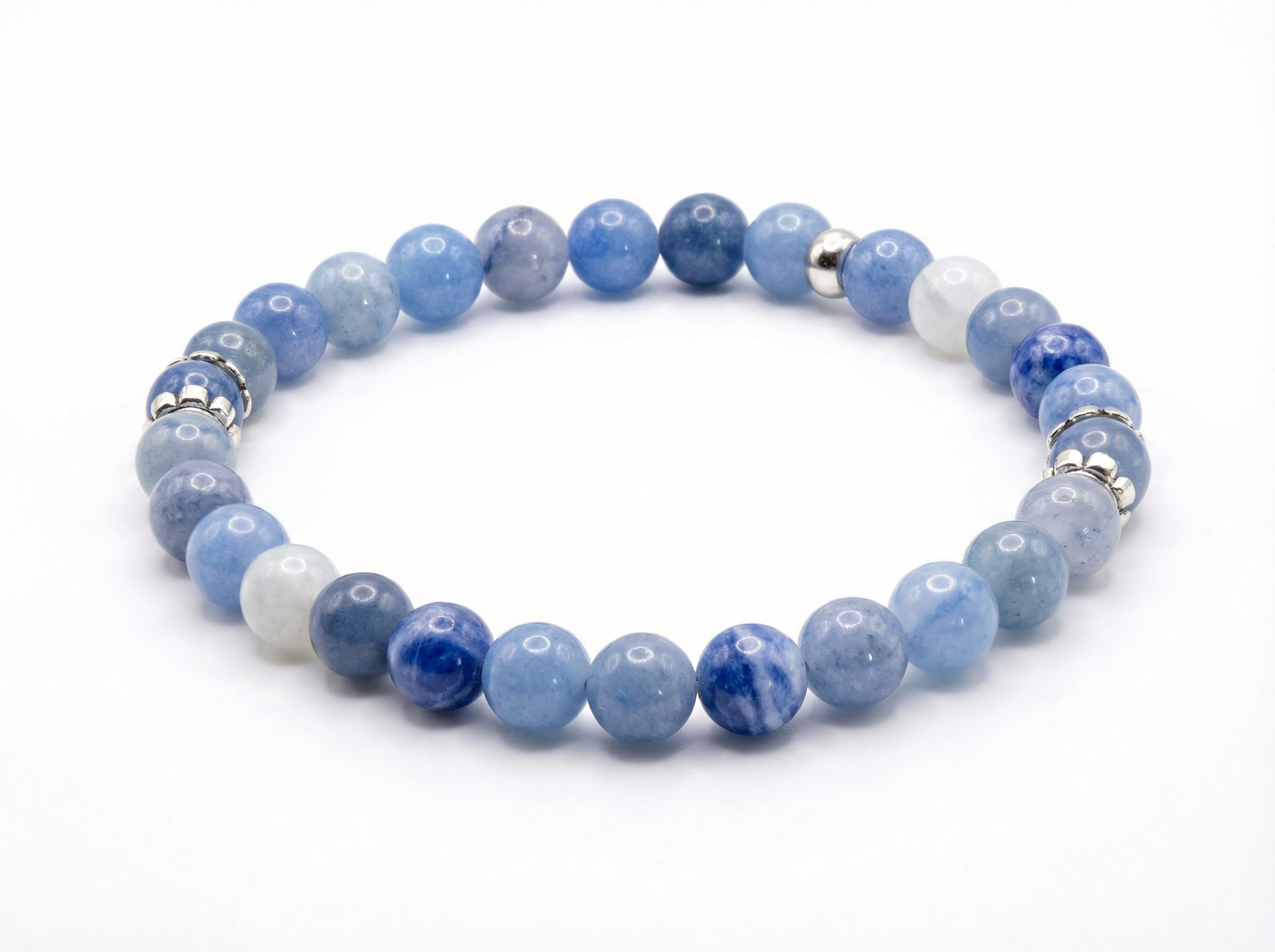 Blue Aventurine & Moonstone Bead Bracelet – Silver Accents – 7.5" Stretch
