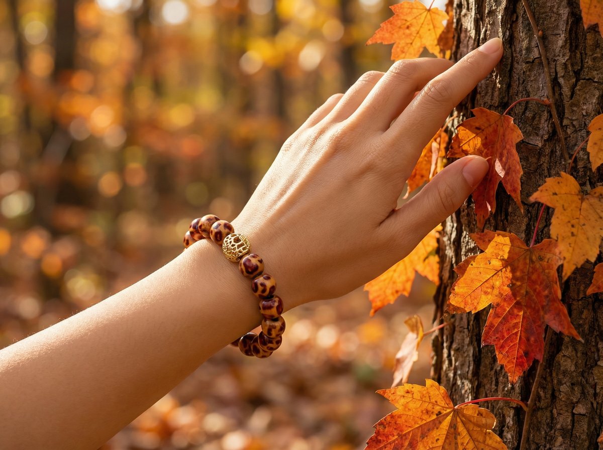 Leopard Print Wood Bead Bracelet – Gold Filigree Accent – 7.25" Stretch