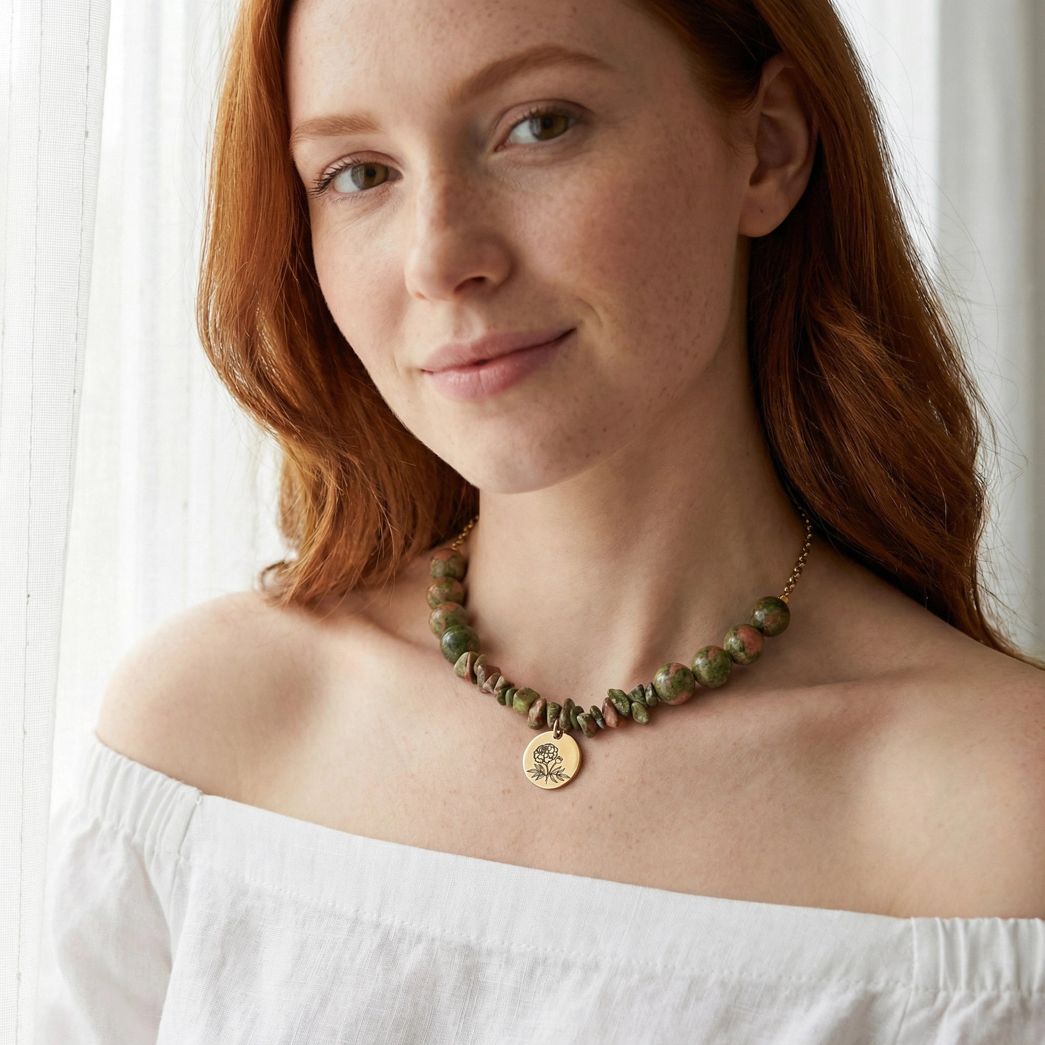 Unakite Stone Bead Rose Pendant Necklace – 14K Gold Plated Rolo Chain – 17"