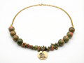 Unakite Stone Bead Rose Pendant Necklace – 14K Gold Plated Rolo Chain – 17"