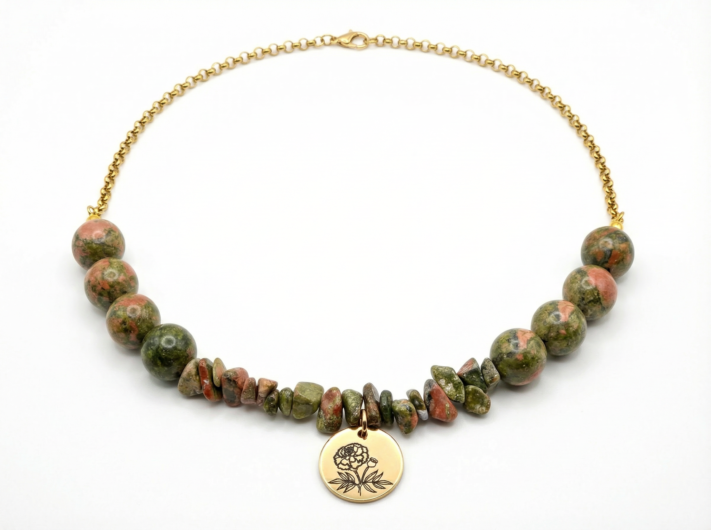 Unakite Stone Bead Rose Pendant Necklace – 14K Gold Plated Rolo Chain – 17"