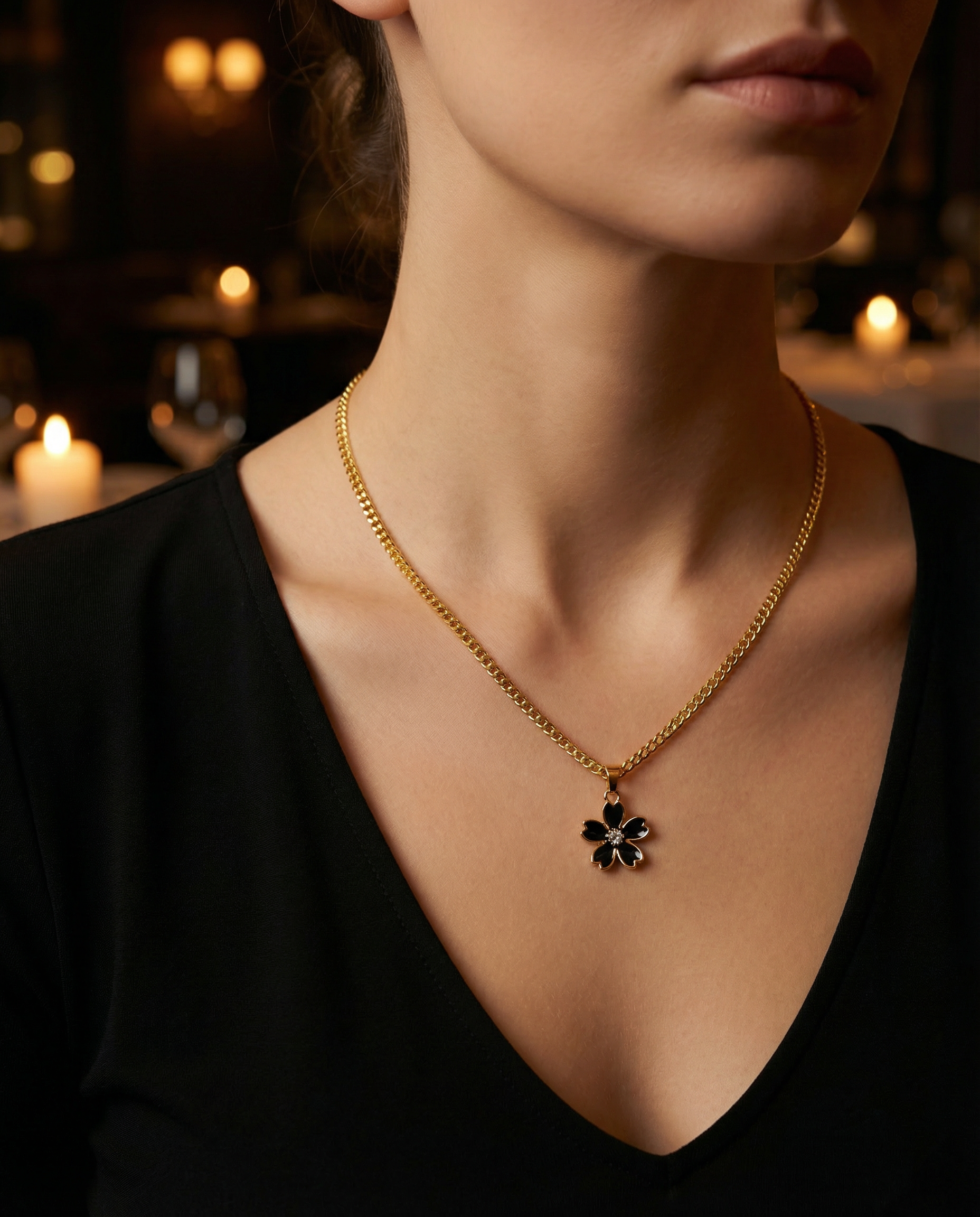 Cherry Blossom Pendant Necklace – 18K Gold Plated Cuban Chain – 17"