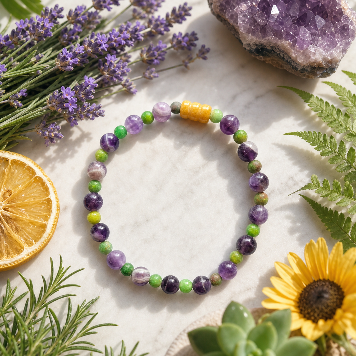 Amethyst & Green Aventurine Bead Bracelet – Yellow Jade Accent – 7.5" Stretch