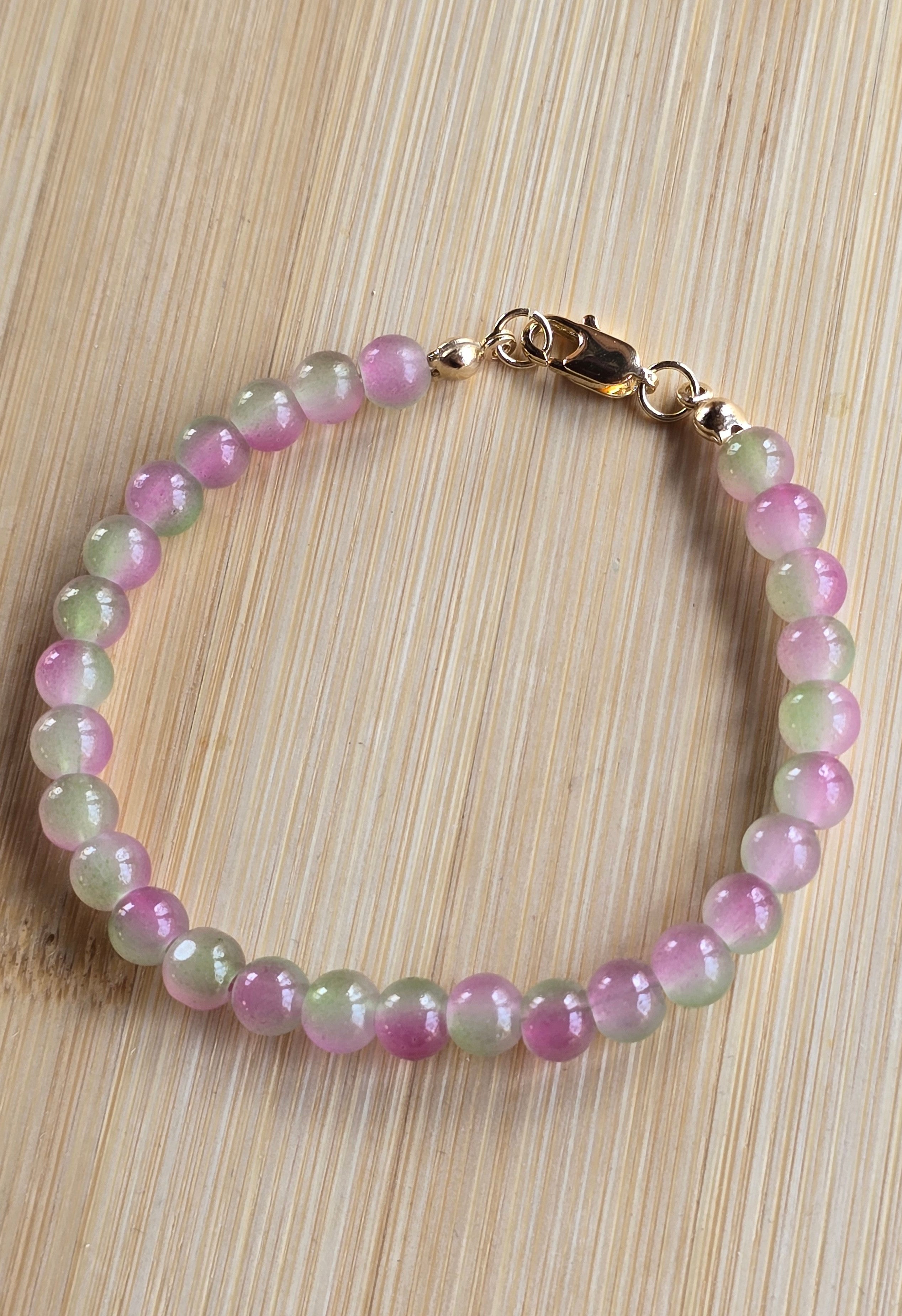 Pink & Green Watermelon Glass Bead Bracelet – 24K Gold Plated – 7"