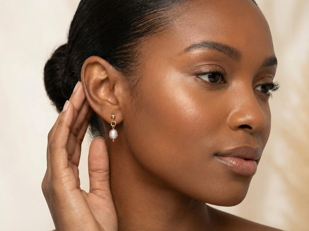 Freshwater Pearl Dangle Earrings – 18K Gold Plated Setting – Hypoallergenic Studs