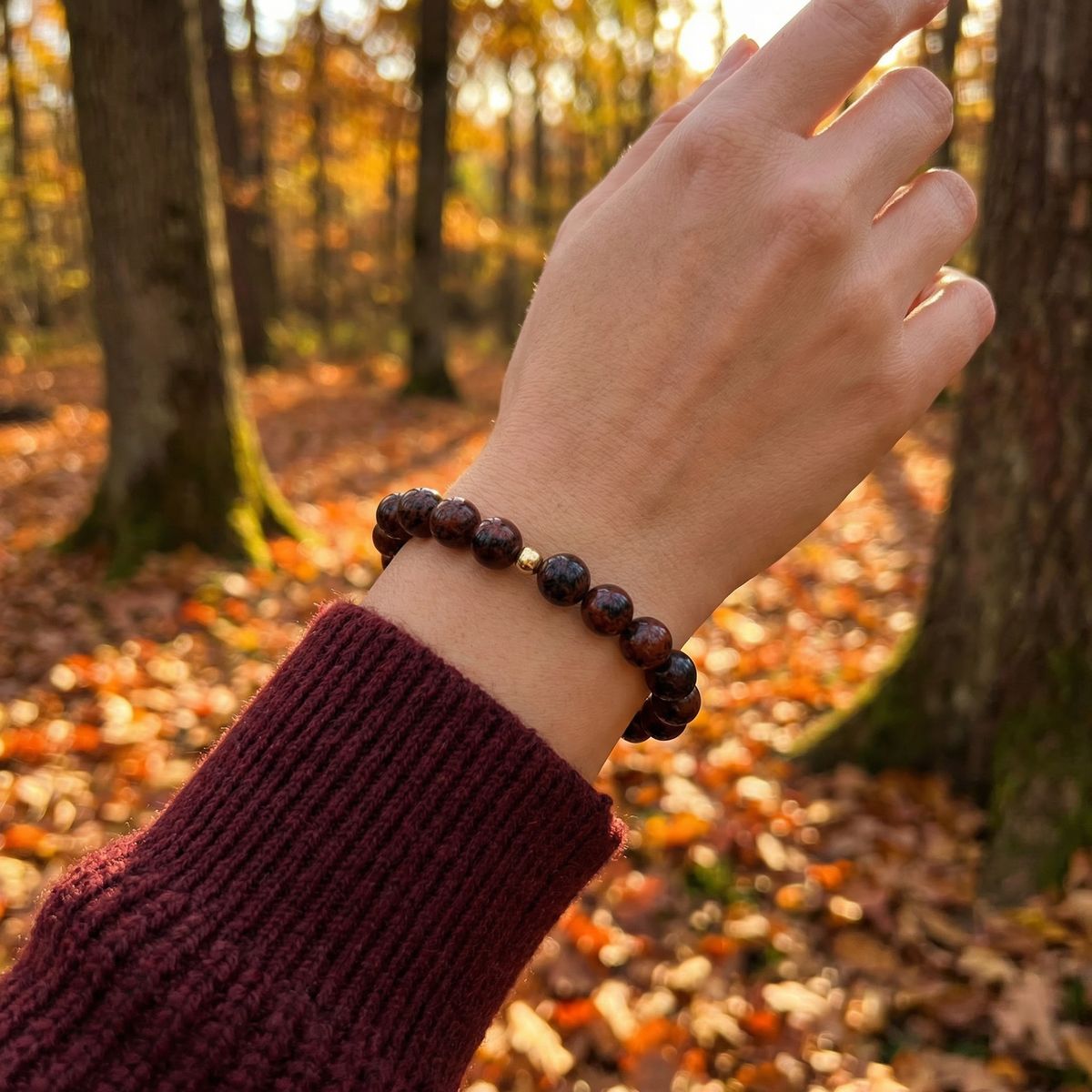 Mahogany Obsidian Bead Bracelet – Gold Accent – 7.5" Stretch