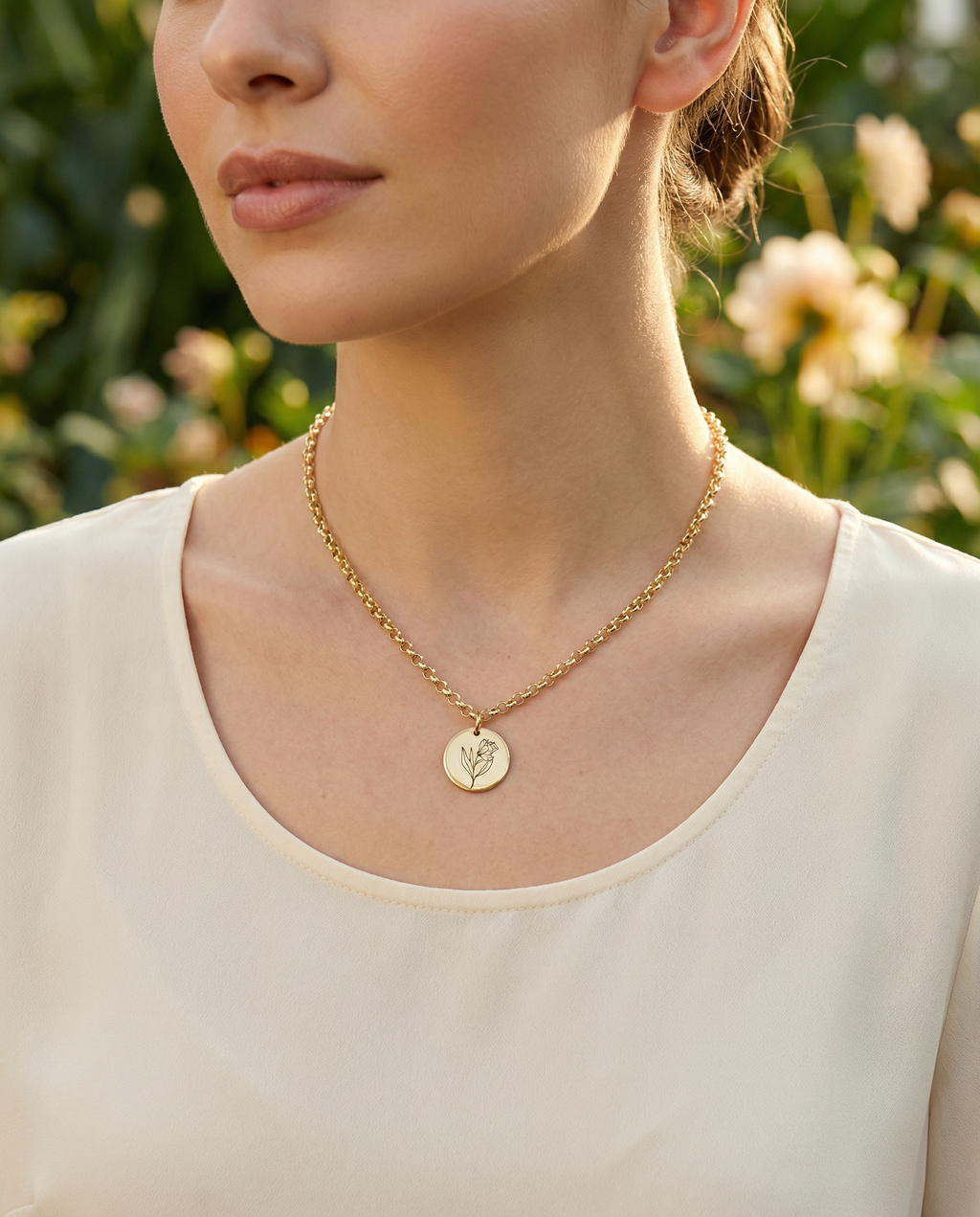 Birth Flower Pendant Necklace – 18K Gold Plated Rolo Chain – 18"