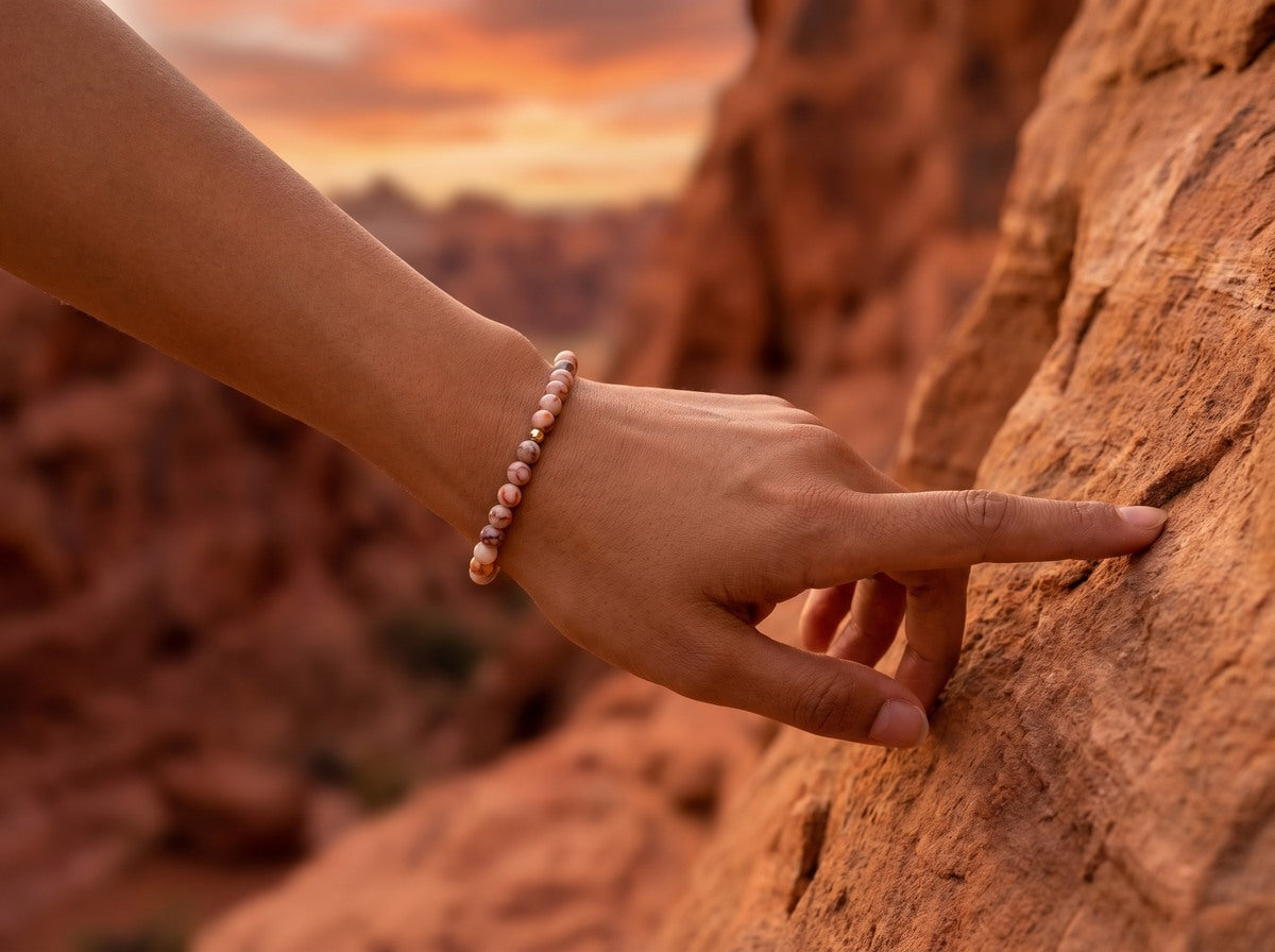 Red Network Jasper Bracelet on wrist touching red desert rock at sunset