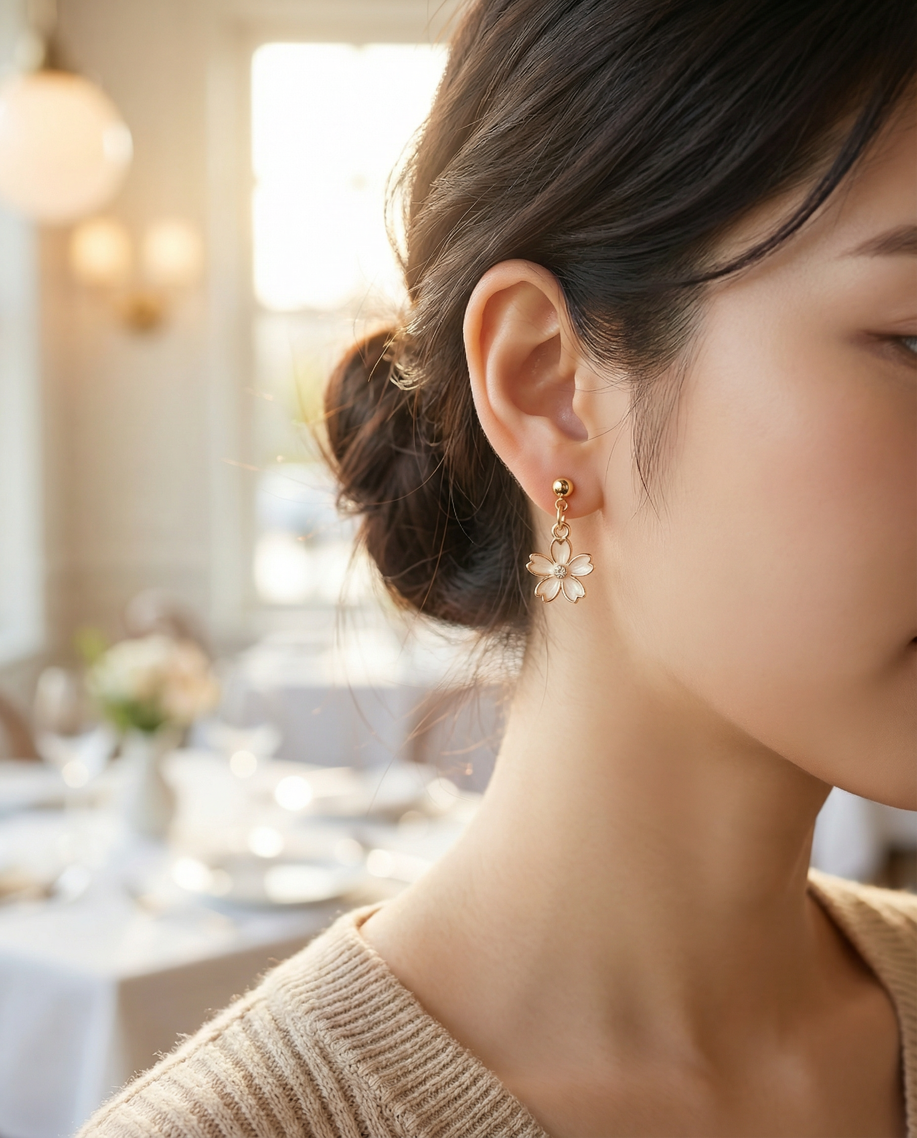 Japanese Cherry Blossom Dangle Stud Earrings with Rhinestone – Gold-Tone with Enamel & Sparkling Center