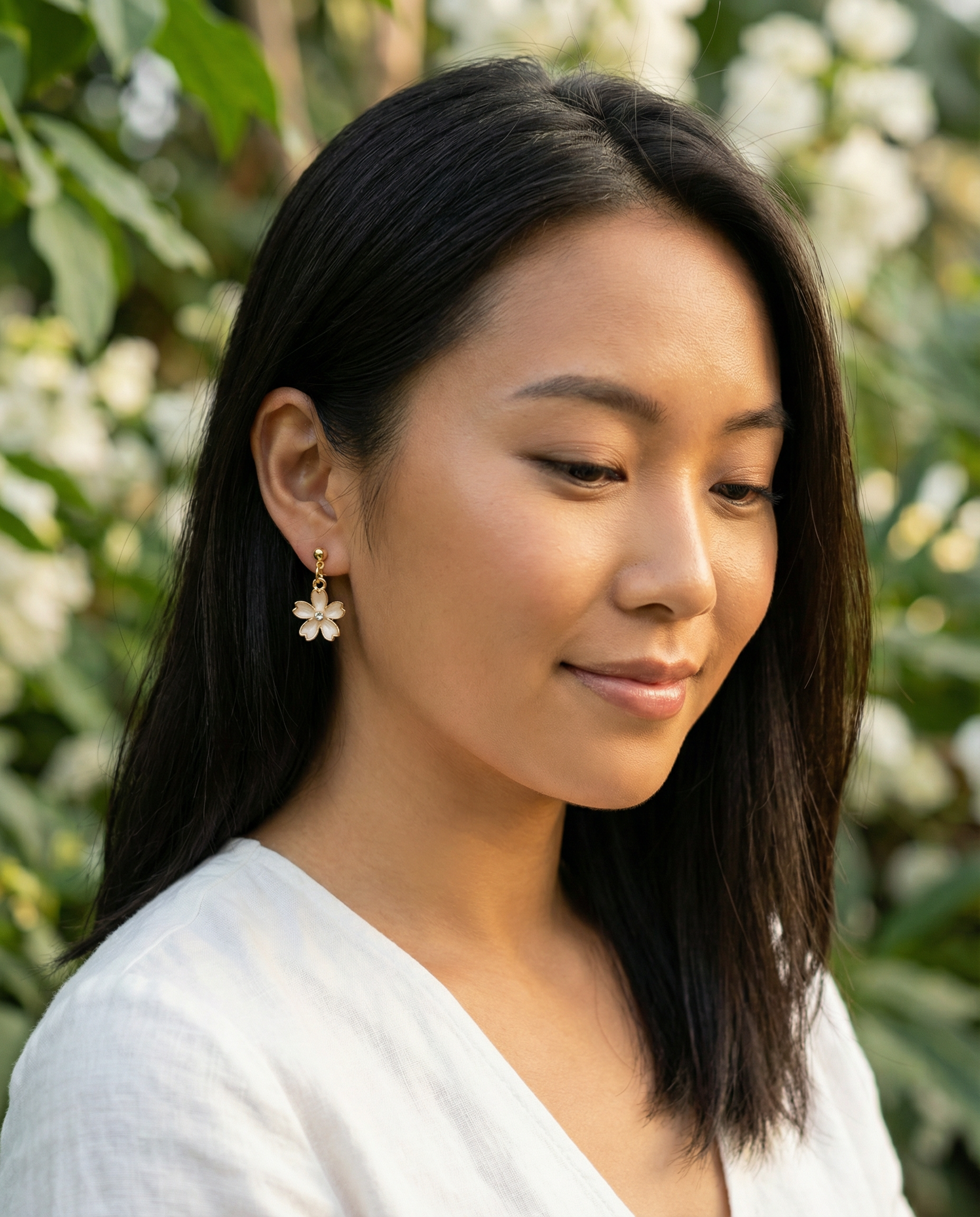 Japanese Cherry Blossom Dangle Stud Earrings with Rhinestone – Gold-Tone with Enamel & Sparkling Center