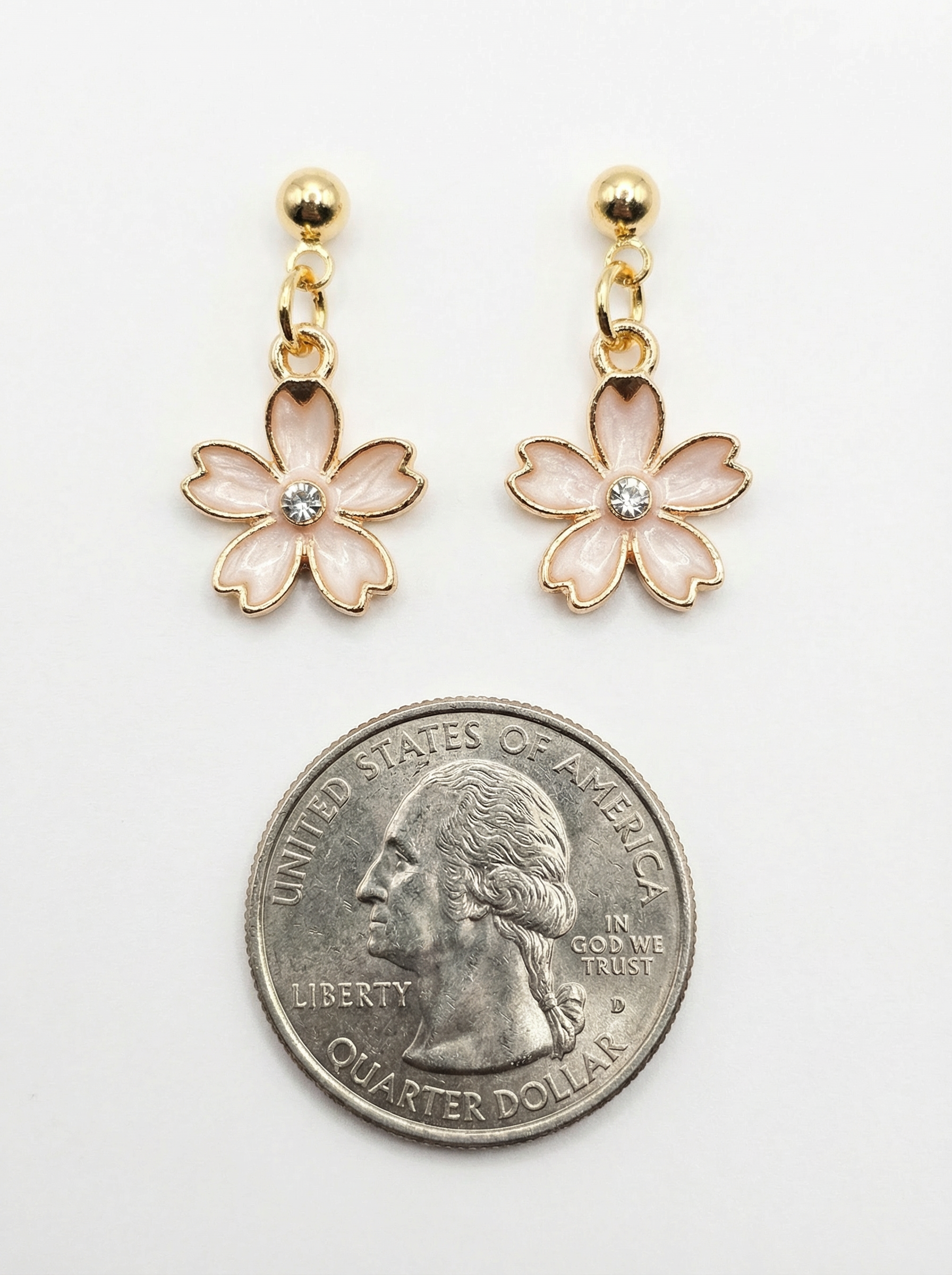 Japanese Cherry Blossom Dangle Stud Earrings with Rhinestone – Gold-Tone with Enamel & Sparkling Center