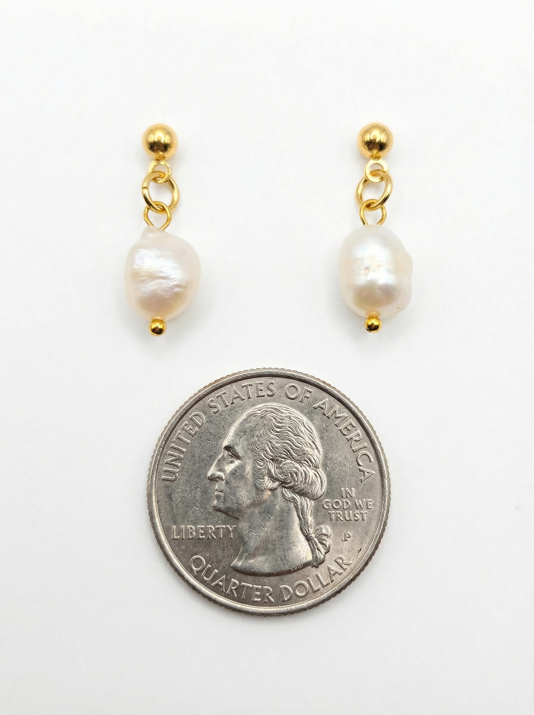 Freshwater Pearl Dangle Earrings – 18K Gold Plated Setting – Hypoallergenic Studs