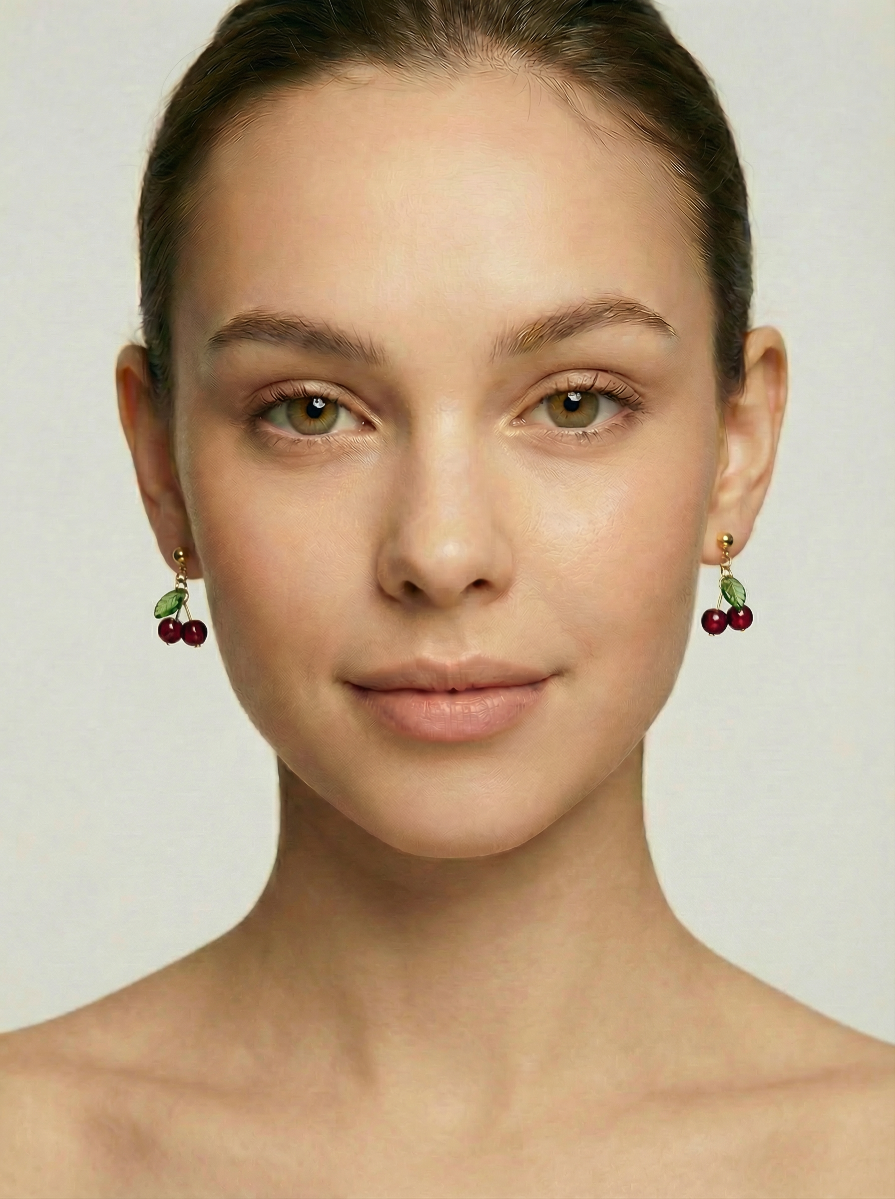 Gold-Tone Cherry Bead Dangle Stud Earrings - Model Front View