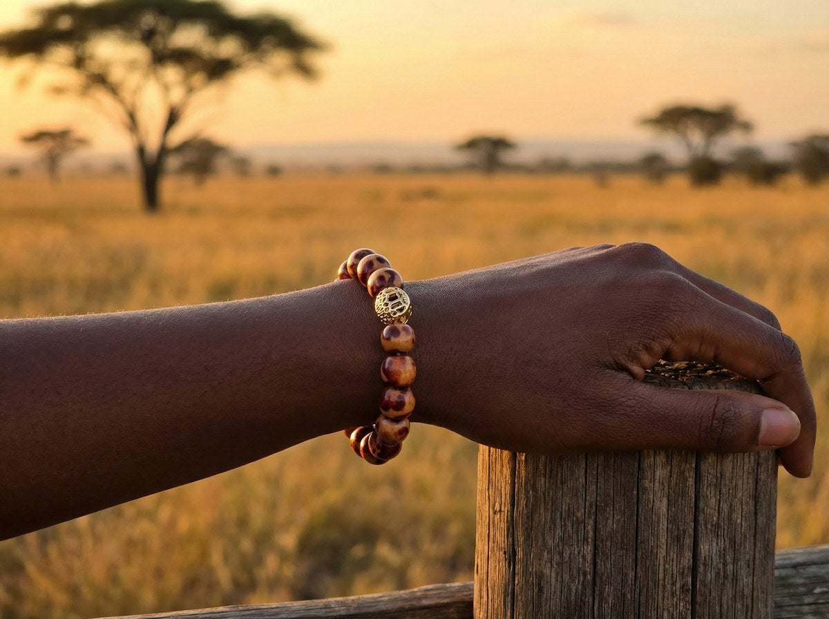 Leopard Print Wood Bead Bracelet – Gold Filigree Accent – 7.25" Stretch