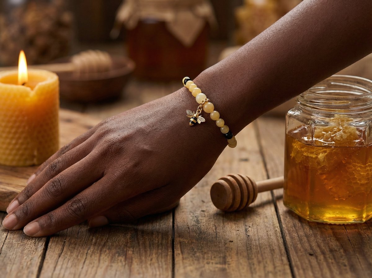 Honey Jade & Black Onyx Bee Charm Bracelet – Gold Accent – 7.5" Stretch