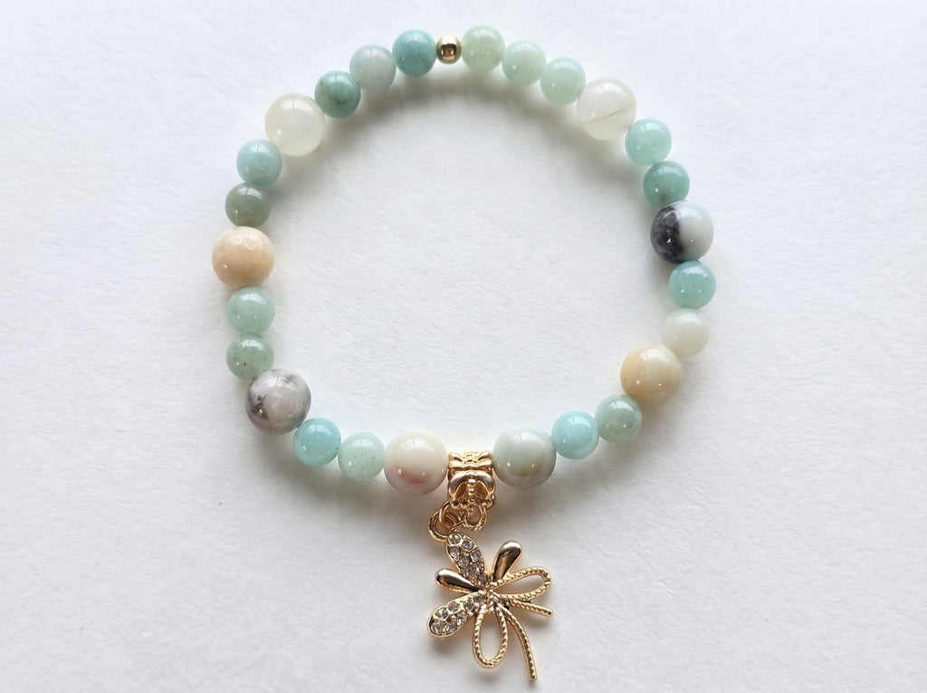 Amazonite Dragonfly Charm Bracelet – Gold CZ Accent – 7.5" Stretch