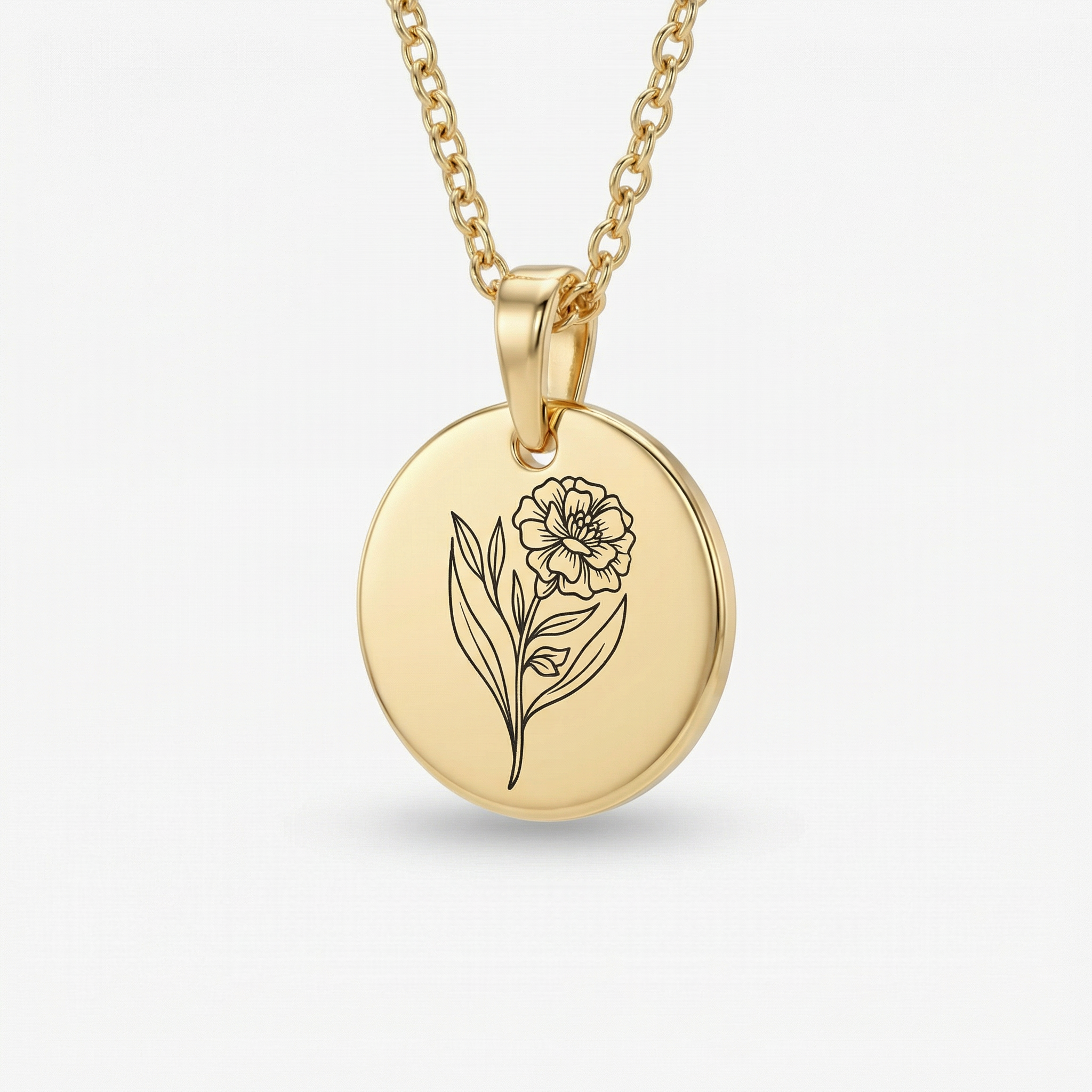 Birth Flower Pendant Necklace – 18K Gold Plated Rolo Chain – 18"