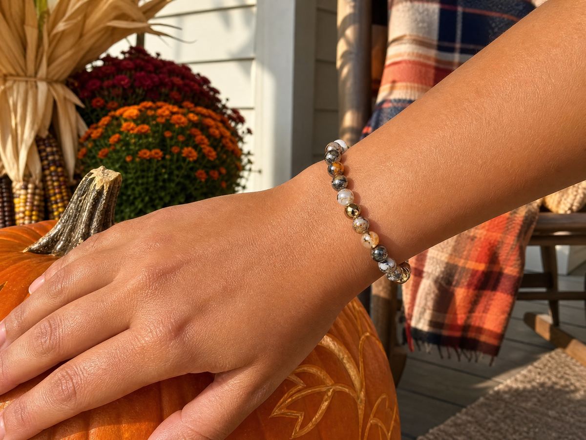 Autumn Harvest Marbled Glass Bead Bracelet – 24K Gold Plated – 7.25"