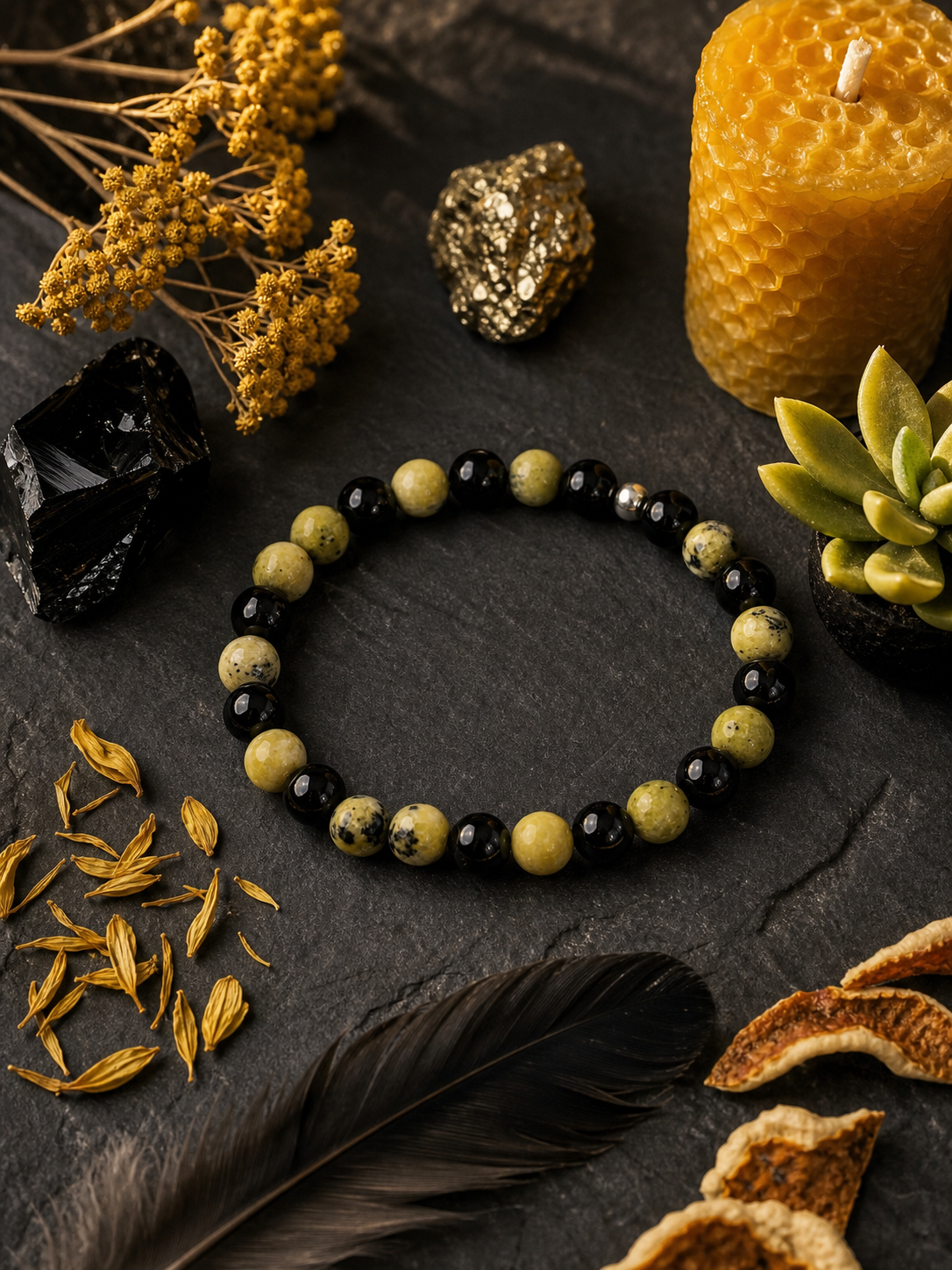 Black Onyx & Yellow Turquoise Bead Bracelet – Silver Accent – 7.5" Stretch