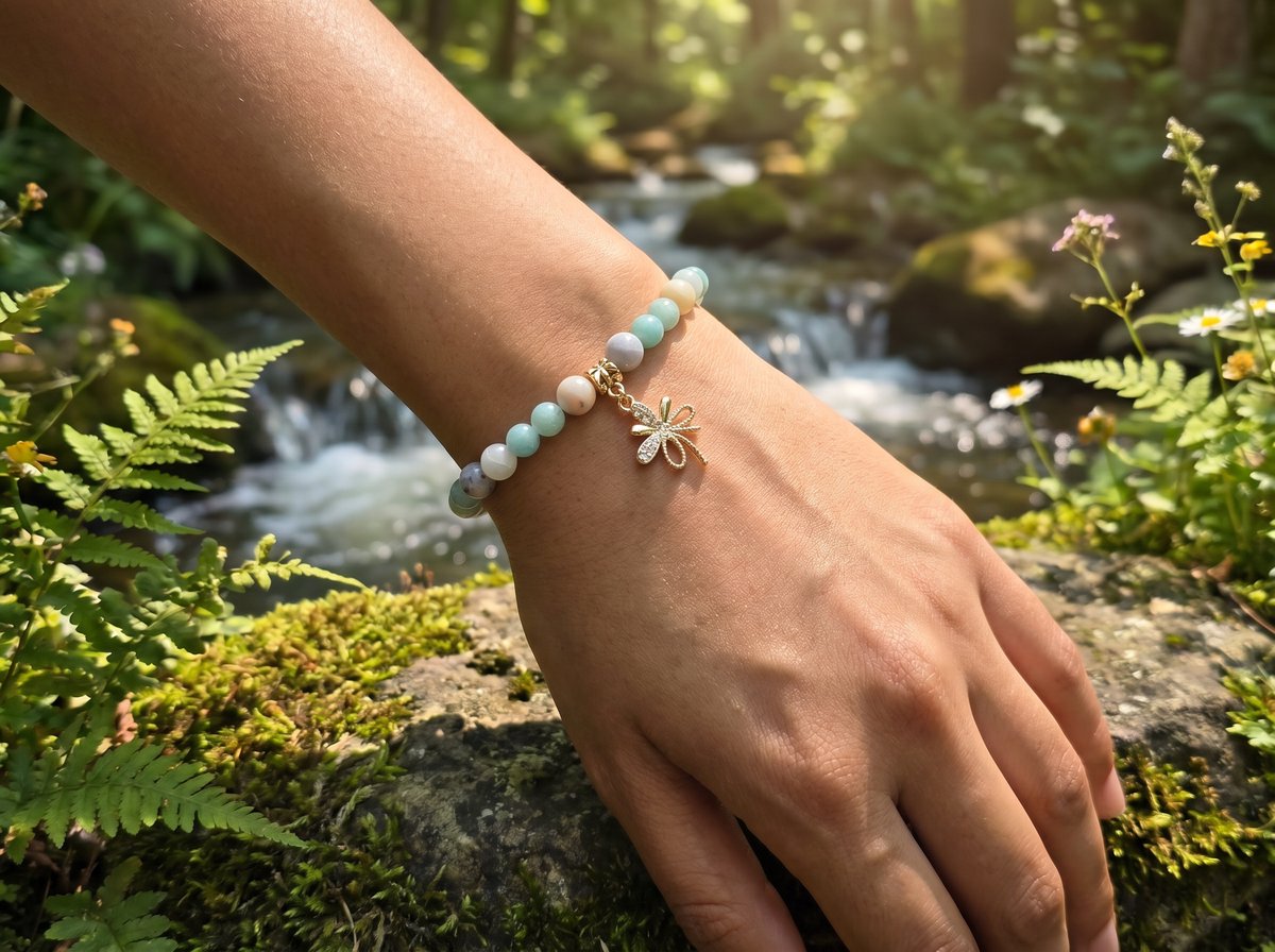 Amazonite Dragonfly Charm Bracelet – Gold CZ Accent – 7.5" Stretch