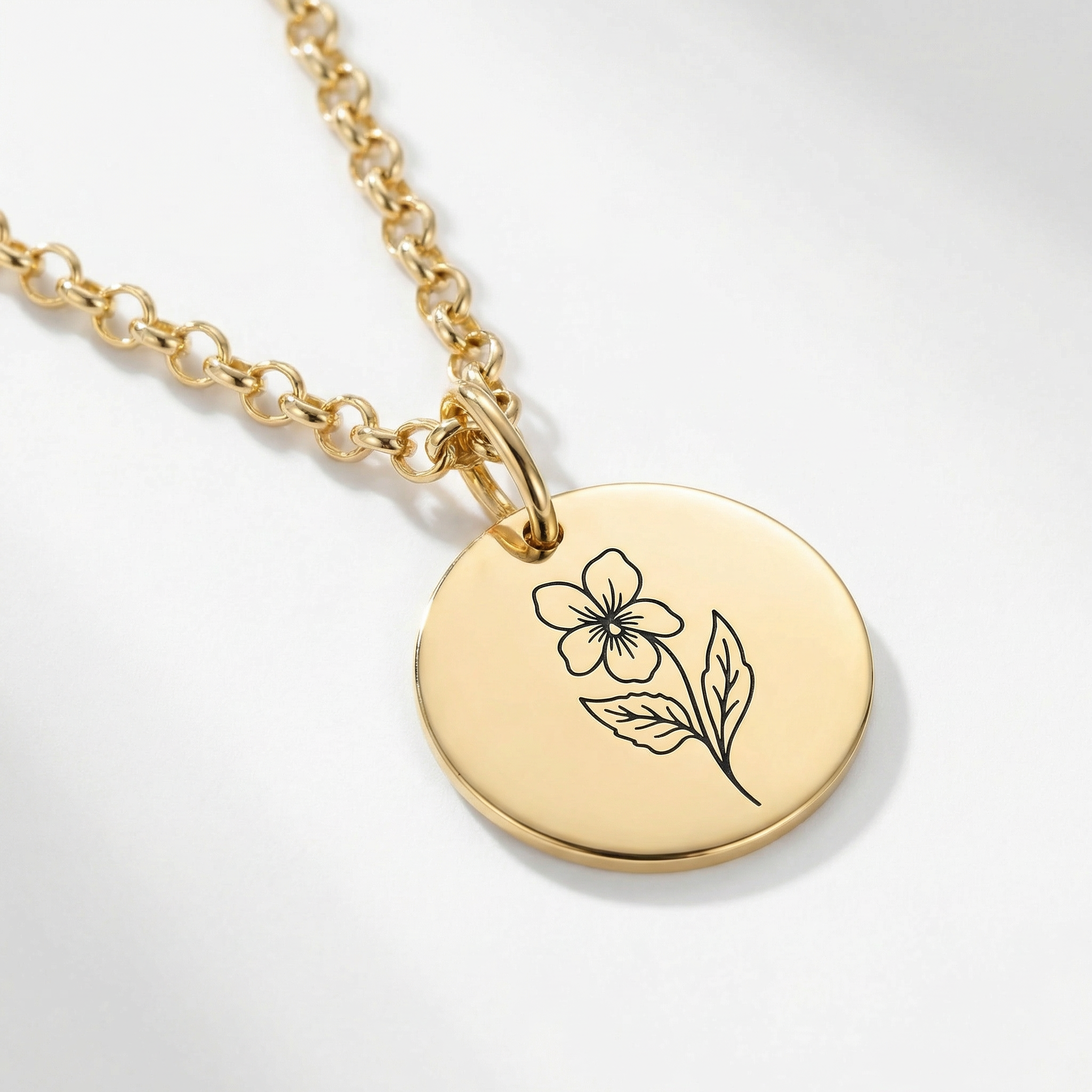 Birth Flower Pendant Necklace – 18K Gold Plated Rolo Chain – 18"