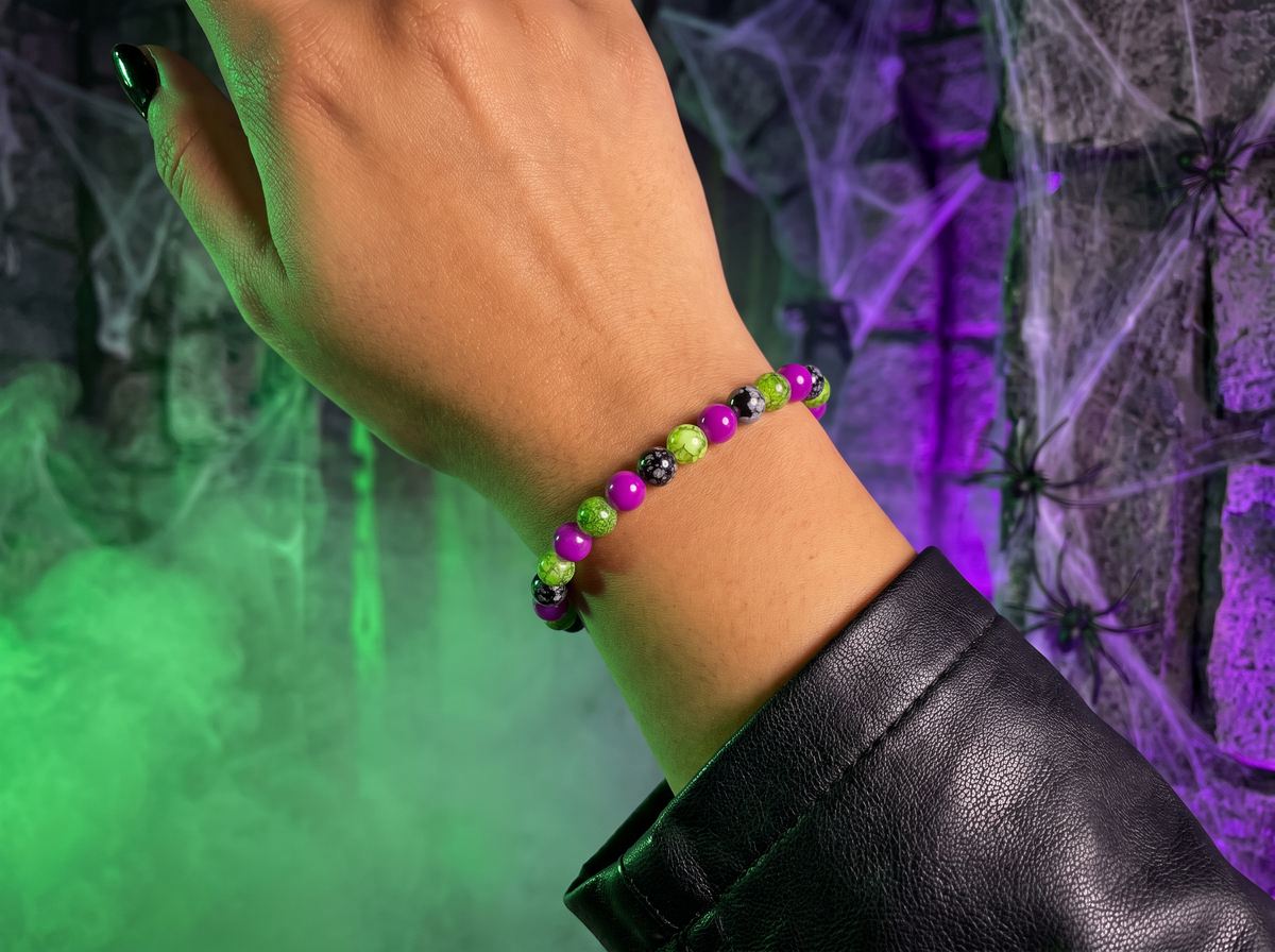 Purple, Green & Snowflake Obsidian Glass Bead Bracelet – 24K Gold Plated – 6.75"
