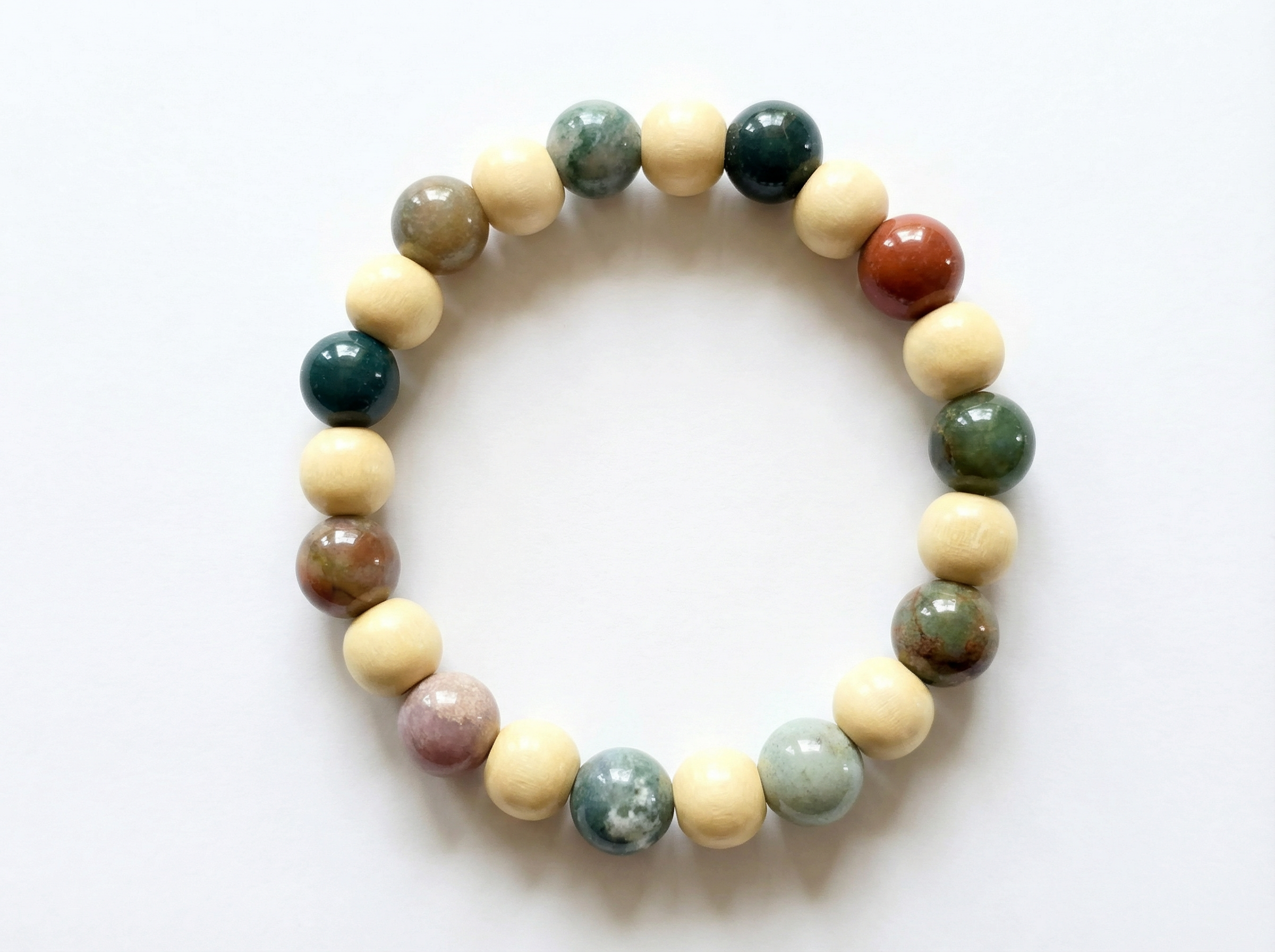 Indian Agate & Wood Bead Bracelet – Natural Stone Stretch – 7.5"