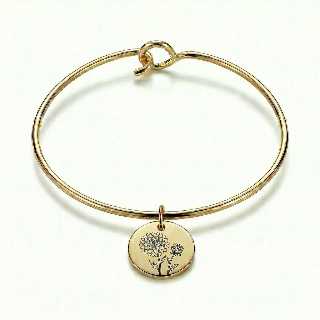 November Chrysanthemum Birth Flower Charm Bangle - Gold Tone