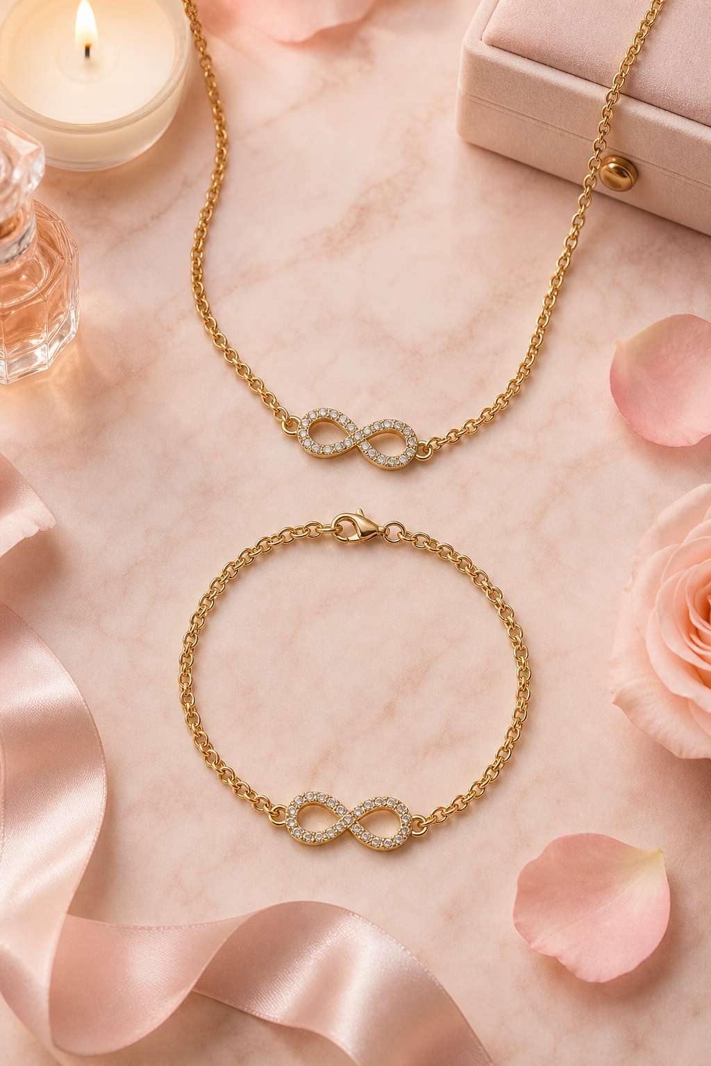 18K Gold Plated Bling Infinity Necklace & Bracelet Set – 18" Necklace / 8" Dangle Bracelet